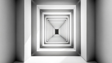 This image showcases a striking monochrome architectural design, featuring an abstract perspective that draws the viewer into a geometric tunnel of light and shadow.の素材