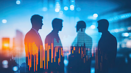 Silhouetted business professionals engage in a discussion, surrounded by an abstract representation of sound waves, symbolizing communication and collaboration in a modern office setting.の素材