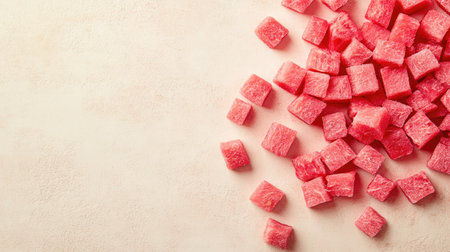 A vibrant arrangement of colorful fruit candies showcased on a light background. These delightful cubes create a playful and indulgent treat perfect for any occasion.の素材