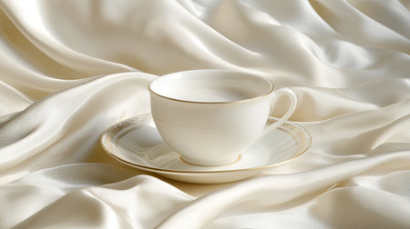 An elegant white teacup sits gracefully on a delicate saucer atop soft satin fabric, exuding luxury and simplicity in a serene and warm ambiance.の素材