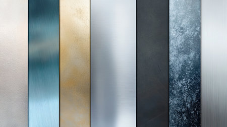 Explore a diverse selection of textured metallic surfaces showcasing various finishes and colors. Ideal for creative projects, design inspiration, and backgrounds.の素材