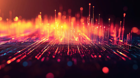 Stunning abstract image showcasing vibrant light waves and sparkling particles in motion, creating a captivating sense of depth and energy in a digital landscape.の素材