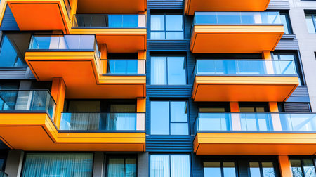 A close-up view of a modern apartment building featuring vibrant orange balconies. The sleek design and glass elements create a striking urban appearance.の素材