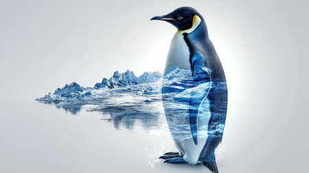An artistic portrait of a majestic penguin featuring a stunning iceberg reflection and beautiful landscape, capturing the essence of wildlife in a serene environment.の素材