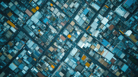 A captivating aerial view showcasing a densely populated urban neighborhood with an array of colorful rooftops, streets, and patterns. Perfect for architecture and urban studies.の素材