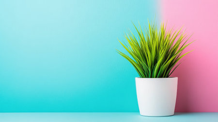 A vibrant green plant in a white pot sits against a striking pink and blue background, creating a modern and serene atmosphere ideal for home decor and interior styling.の素材