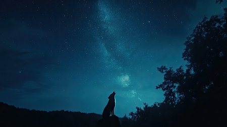 A captivating silhouette of a wolf howling against a stunning starry sky, featuring the Milky Way galaxy. This peaceful and ethereal scene evokes feelings of wonder and harmony with nature.の素材