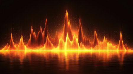 Stunning audio waveform visualization showcasing vibrant orange peaks against a dark backdrop. This dynamic graphic represents sound energy and rhythm.の素材
