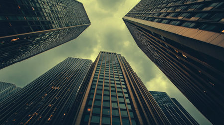 A striking perspective of towering skyscrapers reaching towards a moody sky. This image captures the essence of urban architecture and modern design.の素材