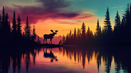 A stunning silhouette of a moose stands at the water's edge, mirrored by the calm lake under a vibrant sunset. The scene captures the essence of nature's beauty.の素材