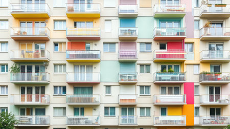 This image showcases a vibrant apartment building facade featuring colorful balconies and windows, highlighting modern urban architecture and community living.の素材
