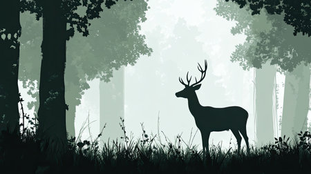 A tranquil silhouette of a deer stands in a misty forest, surrounded by tall trees and soft grass. The serene scene captures the peacefulness of nature at dusk.の素材