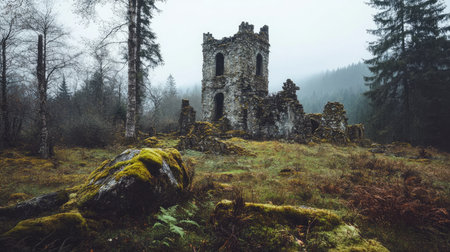Explore the haunting beauty of an ancient tower rising amidst misty forests. This serene landscape showcases nature reclaiming stone remnants, creating a tranquil escape.の素材