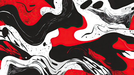 This abstract image showcases a dynamic blend of swirling colors in red, black, and white. The fluid patterns create an energetic and modern backdrop ideal for various design projects.の素材