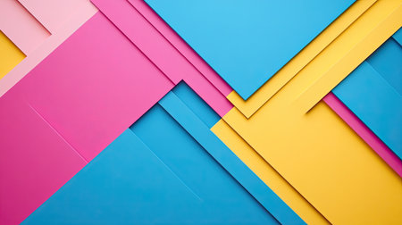 Vibrant geometric layers of blue, pink, and yellow paper create a modern, artistic background. Ideal for creative projects needing bold colors and textures.の素材
