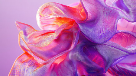 This vibrant, abstract image features soft, flowing textile ribbons in pink and purple hues, creating a dreamy and artistic visual effect. Perfect for backgrounds or creative projects.の素材