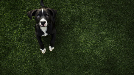 A cute black and white puppy sits on vibrant green grass, gazing up with an innocent expression, embodying joy and playfulness in a perfect outdoor setting.の素材