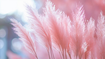 Soft pink pampas grass sways gently in bright natural light, creating an ethereal scene. Perfect for nature themes, tranquility, and outdoor beauty.の素材