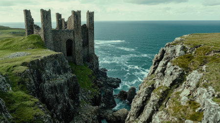 A stunning view of a ruined castle perched on a rugged cliff, overlooking a dramatic ocean. The striking landscape showcases nature's beauty and historical architecture.の素材