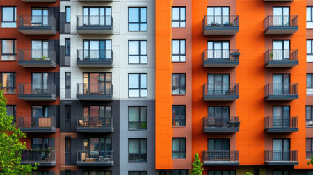 This image showcases a modern apartment building facade featuring colorful balconies and large windows, highlighting vibrant urban living and contemporary design.の素材