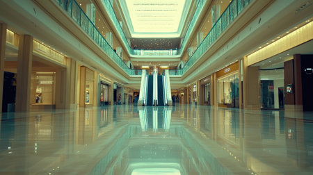 A stunning view of a modern shopping mall interior showcasing escalators and reflective floors. The design exudes elegance and spaciousness, inviting exploration.の素材