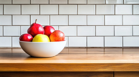 A vibrant bowl filled with red apples and a yellow fruit sits elegantly on a wooden kitchen counter, showcasing fresh produce in a contemporary interior.の素材