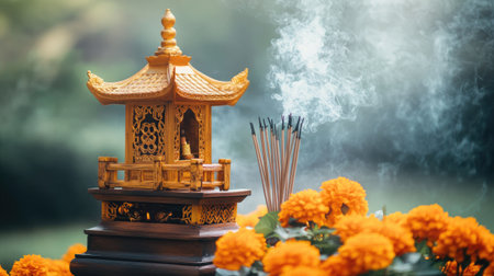 A captivating scene featuring a wooden temple adorned with incense and vibrant marigold flowers, surrounded by gentle smoke, symbolizing tranquility and spirituality.の素材