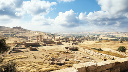 This scenic view captures ancient ruins set in a vast desert landscape under a dramatic cloudy sky. The serene atmosphere invites exploration and reflection.の素材