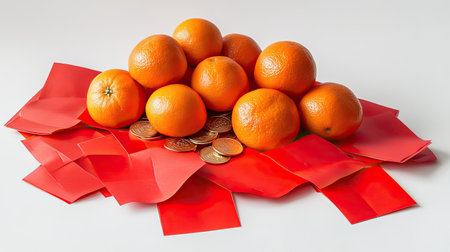 A vibrant arrangement of fresh oranges surrounded by red envelopes and coins, symbolizing prosperity and abundance, perfect for festive occasions and celebrations.の素材