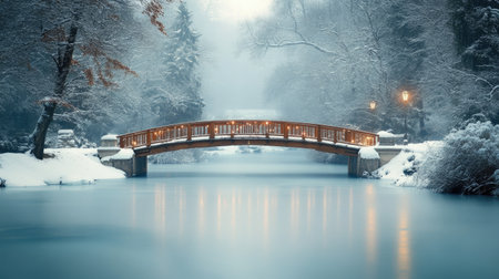 A serene winter landscape featuring a wooden bridge over a calm river, surrounded by snow-covered trees. Soft light and tranquil atmosphere create an enchanting winter scene.の素材