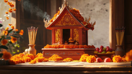 A beautifully crafted traditional altar adorned with bright marigold flowers and colorful offerings, capturing a serene atmosphere of spirituality and culture.の素材