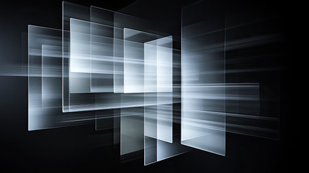 A captivating abstract image featuring translucent panels with dynamic motion blur, creating a fascinating play of light and shadow against a dark background.の素材