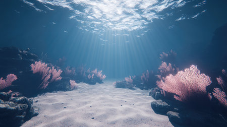 Discover a stunning underwater scene featuring vibrant coral reefs illuminated by soft sunlight rays. This serene marine environment captures the beauty of aquatic life and ecosystems.の素材