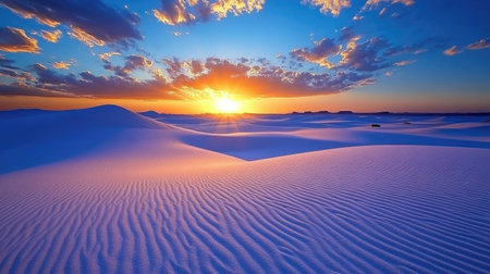 A breathtaking view of the sun setting over tranquil desert dunes, showcasing vibrant colors in the sky and soft sand ripples, evoking peace and beauty.の素材