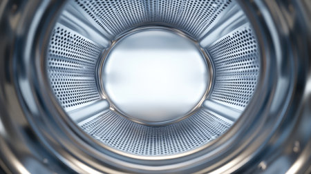 A close-up view of a stainless steel washing machine drum, showcasing the smooth, perforated interior. Ideal for illustrating modern home appliances and laundry concepts.の素材