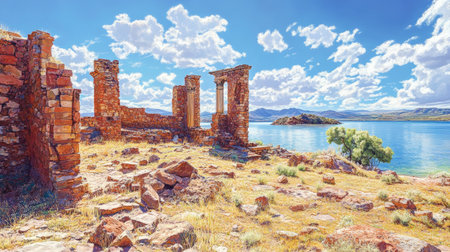 Breathtaking view of ancient ruins beside a serene lake, complemented by a vibrant blue sky and fluffy clouds. An enchanting outdoor scene.の素材