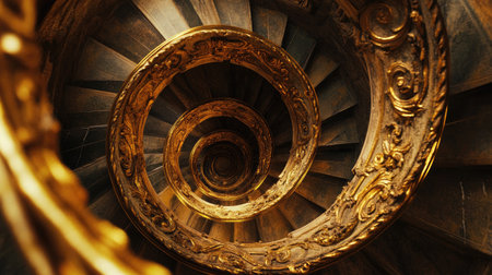 Explore the beauty of an ornate spiral staircase, featuring luxurious golden accents and intricate details. Captured from above, this image highlights the elegance of traditional architecture.の素材