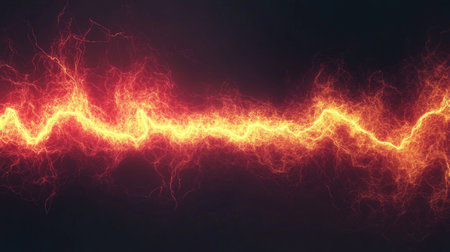 Abstract image of a glowing electric bolt displaying vibrant red and orange colors on a dark background, symbolizing energy and power in a dramatic visual.の素材