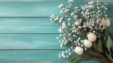 A beautiful arrangement of white flowers with delicate petals against a turquoise wooden background. This serene image captures elegance and tranquility, perfect for home decor and artistic inspiration.の素材
