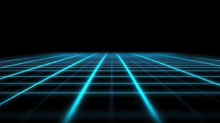 This image features a futuristic grid pattern with glowing neon lines on a dark background, creating a digital space filled with depth and perspective. Perfect for tech-themed designs.の素材