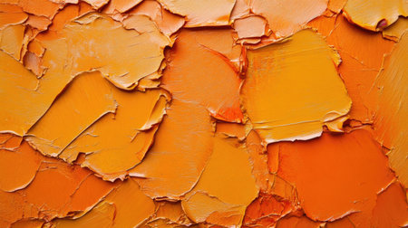 This image features a close-up view of vibrant orange paint layers, showcasing texture and brush strokes in an artistic composition perfect for backgrounds.の素材