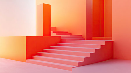 This image features a vibrant abstract staircase design in soft pink and warm orange tones. The geometric shapes and minimalism create a contemporary artistic feel.の素材