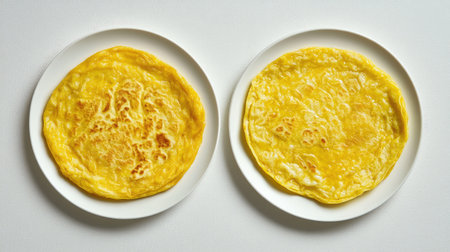Two freshly made golden omelets sit on white plates, showcasing their fluffy texture and appetizing color, perfect for a hearty breakfast or brunch meal.の素材