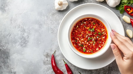 A vibrant bowl of spicy garlic chili sauce garnished with fresh herbs, surrounded by individual ingredients. Perfect for cooking enthusiasts and food lovers.の素材