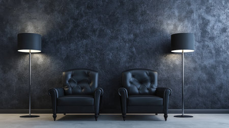 Discover an elegant interior showcasing two black chairs paired with stylish floor lamps. The sophisticated ambiance is created through modern decor and textured wall.の素材