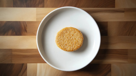 A round cookie sits on a white plate, placed on a wooden table. The image showcases the dessert's simplicity and rustic charm, perfect for food lovers.の素材