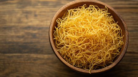 This image showcases thin golden noodles beautifully arranged in a wooden bowl on a rustic wooden surface, highlighting their texture and color.の素材