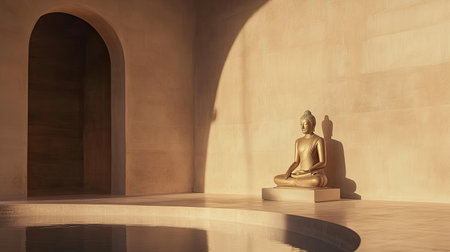 A tranquil setting featuring a golden Buddha statue inside a minimalist space, surrounded by gentle light and calm reflections, symbolizing peace and meditation.の素材