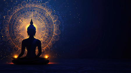 A serene Buddha silhouette meditating against a beautifully illuminated mandala. This image embodies peace, spirituality, and inner harmony, perfect for yoga and wellness themes.の素材