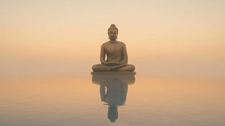 A serene Buddha statue sits in still waters, reflecting at sunset. The tranquil atmosphere creates a sense of calm and spirituality, inviting meditation and reflection.の素材
